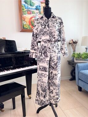 Women's Black & White Printed Wide-Leg Jumpsuit